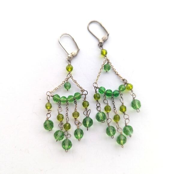 Vintage Silver Tone Leverback Peridot Green Beaded Chandelier Dangle Earrings - Picture 1 of 3